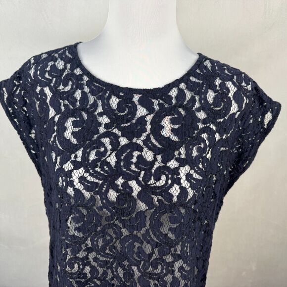 Loft Women Sz L Navy Lace Crochet Round Neck Cap Sleeve - Picture 2 of 6